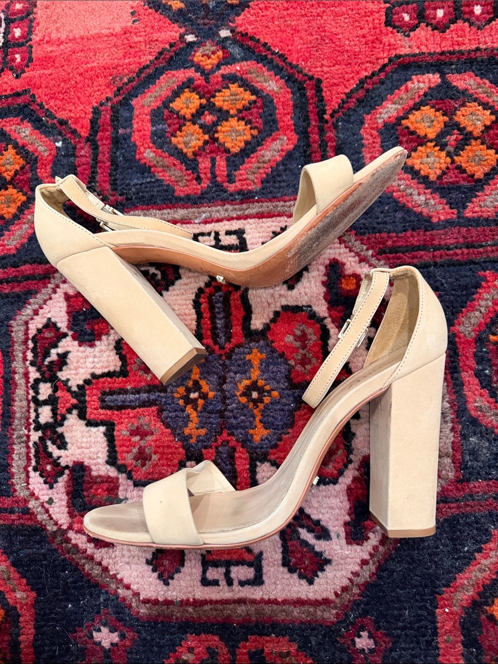 SCHUTZ Beige Block Heel Sandals with Ankle Strap